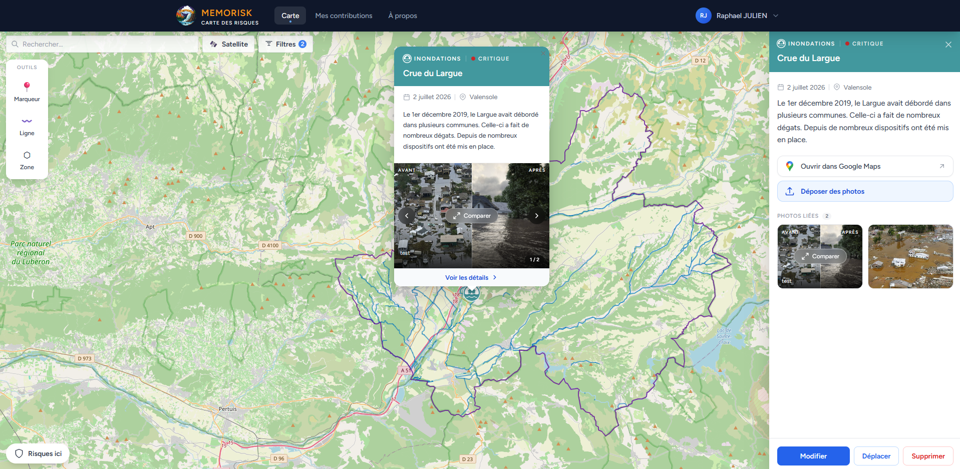 Interface application cartographique MEMORISK